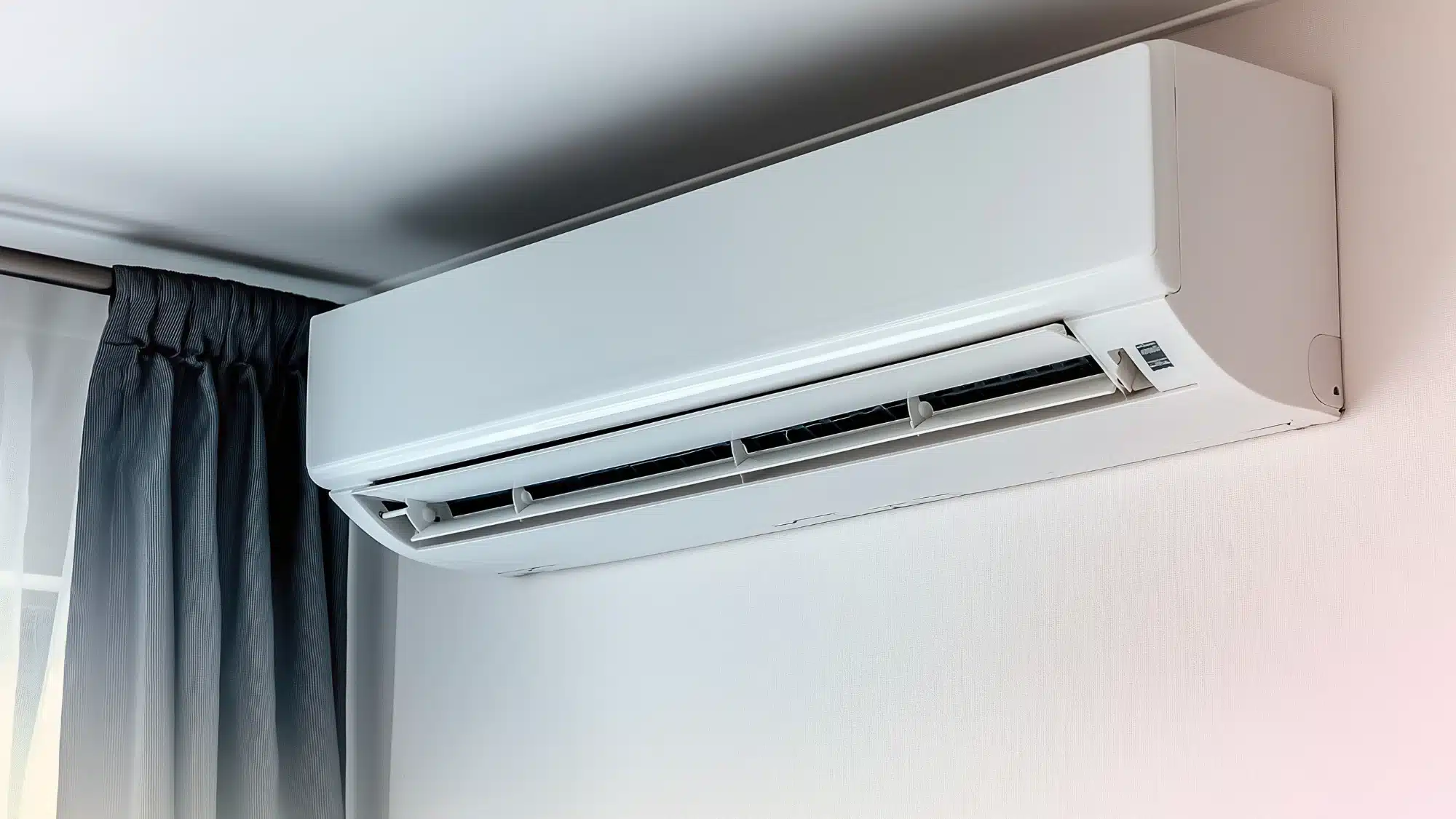 A modern ductless mini-split system installed on a living room wall, providing efficient home cooling.