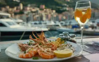 Delicious food served on an outdoor patio at a popular Mystic, CT waterfront restaurant.