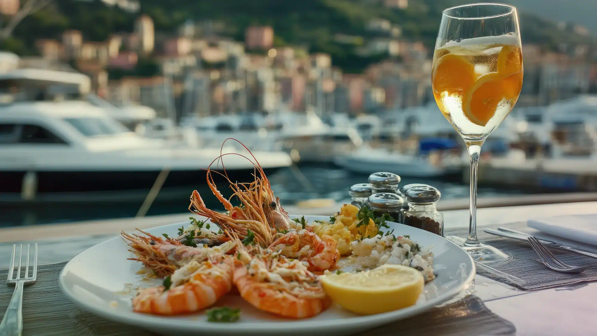 Delicious food served on an outdoor patio at a popular Mystic, CT waterfront restaurant.