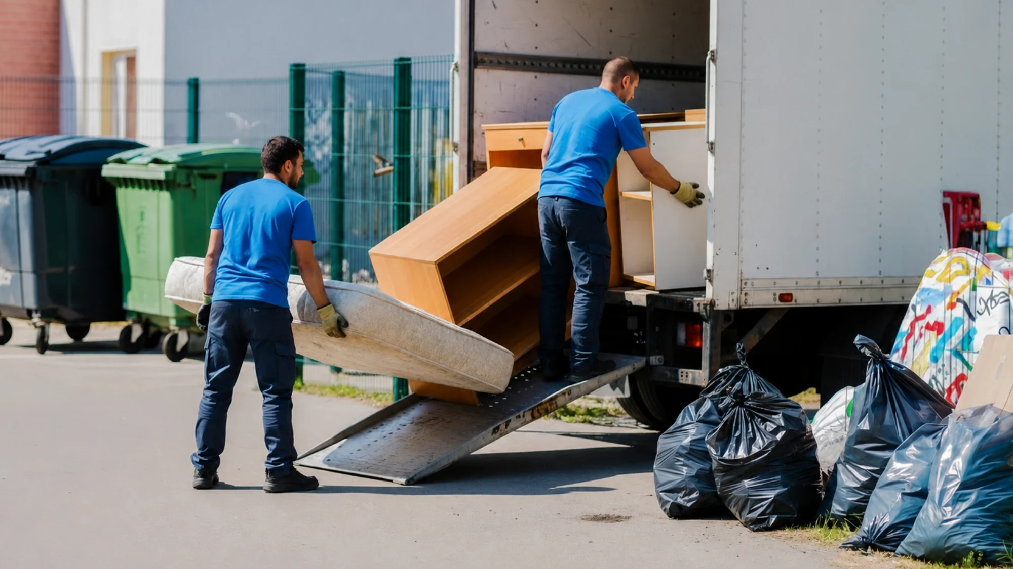 Professional movers carefully loading a sofa onto a truck in a Briarcliff Manor neighborhood.