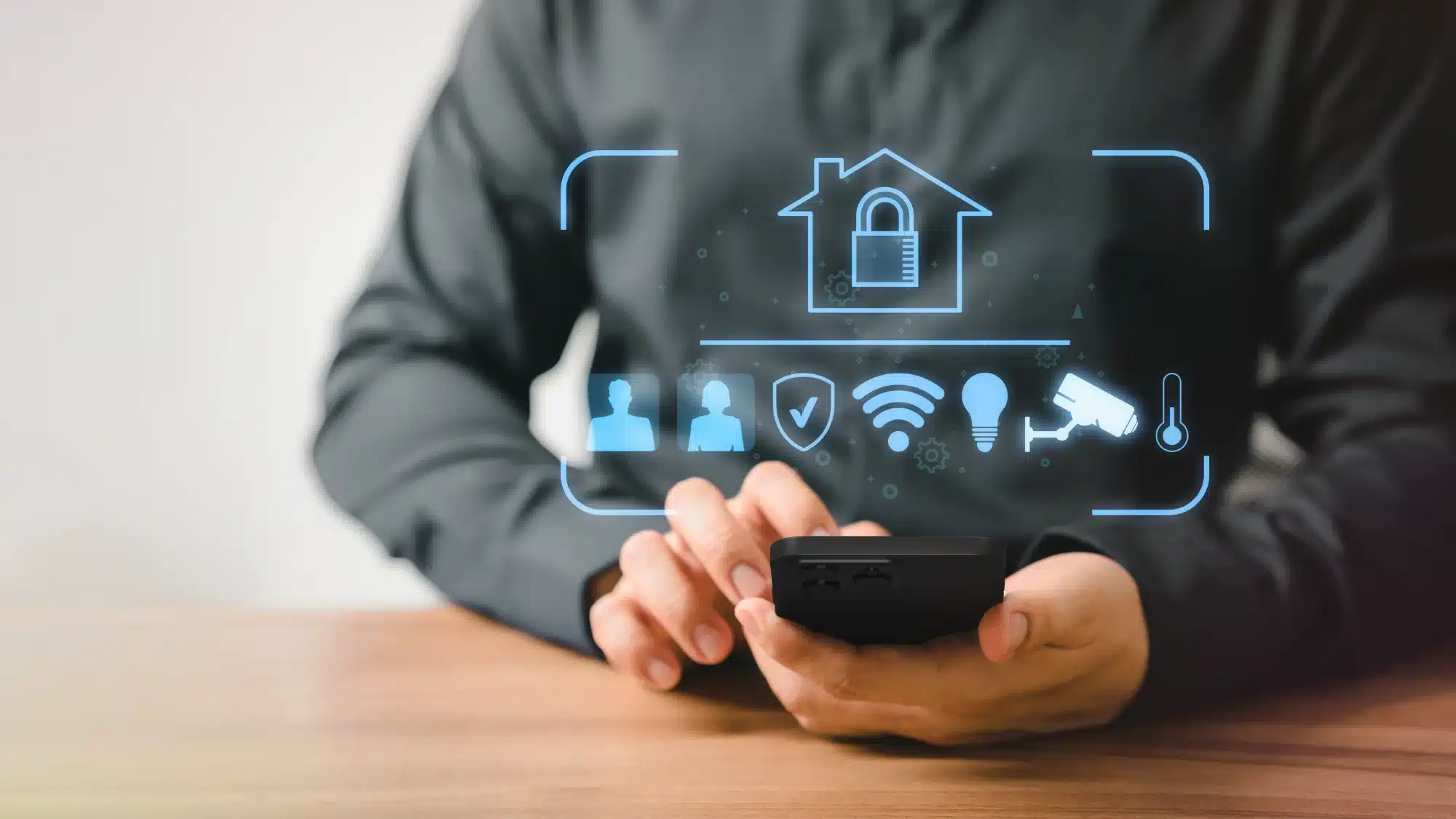 A person interacting with a smart home security system via a tablet, showcasing convenience and control.