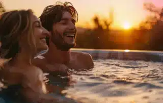 A person relaxing in a clean spa pool with clear water