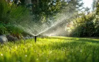 Green lawn with sprinklers in action