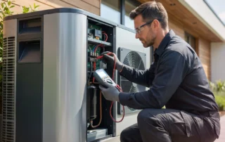 Expert AC Repair assessing air conditioning problems at a residential home.