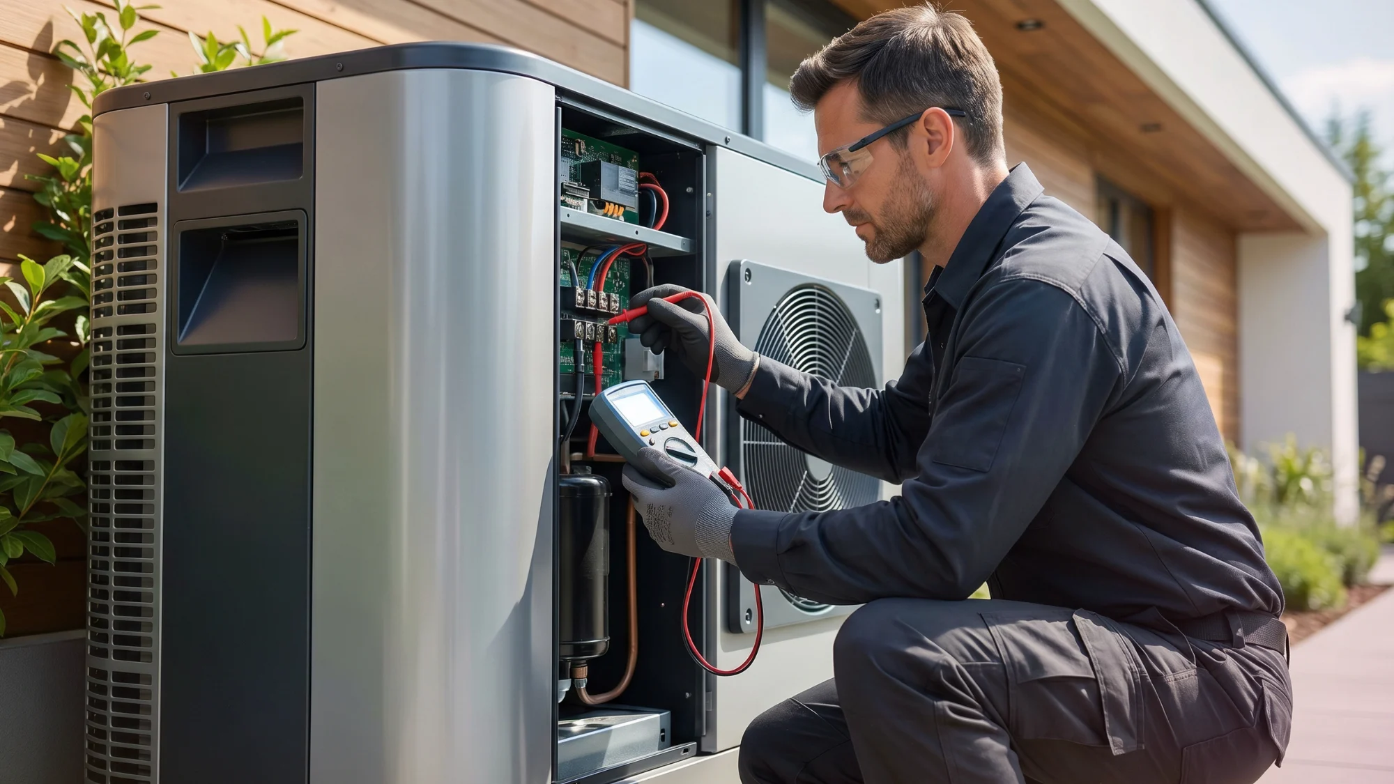 Expert AC Repair assessing air conditioning problems at a residential home.