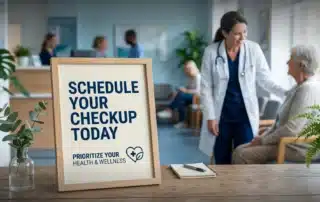 A concierge doctor in a modern Greenwich, CT medical office consulting with a patient.