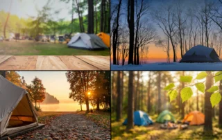 Camping sites in Connecticut featuring tents in spring, summer, fall, and winter settings