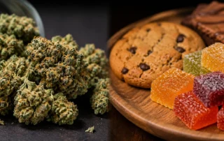 Close-up of cannabis flowers and a selection of edibles, showcasing key differences for Antioch CA consumers