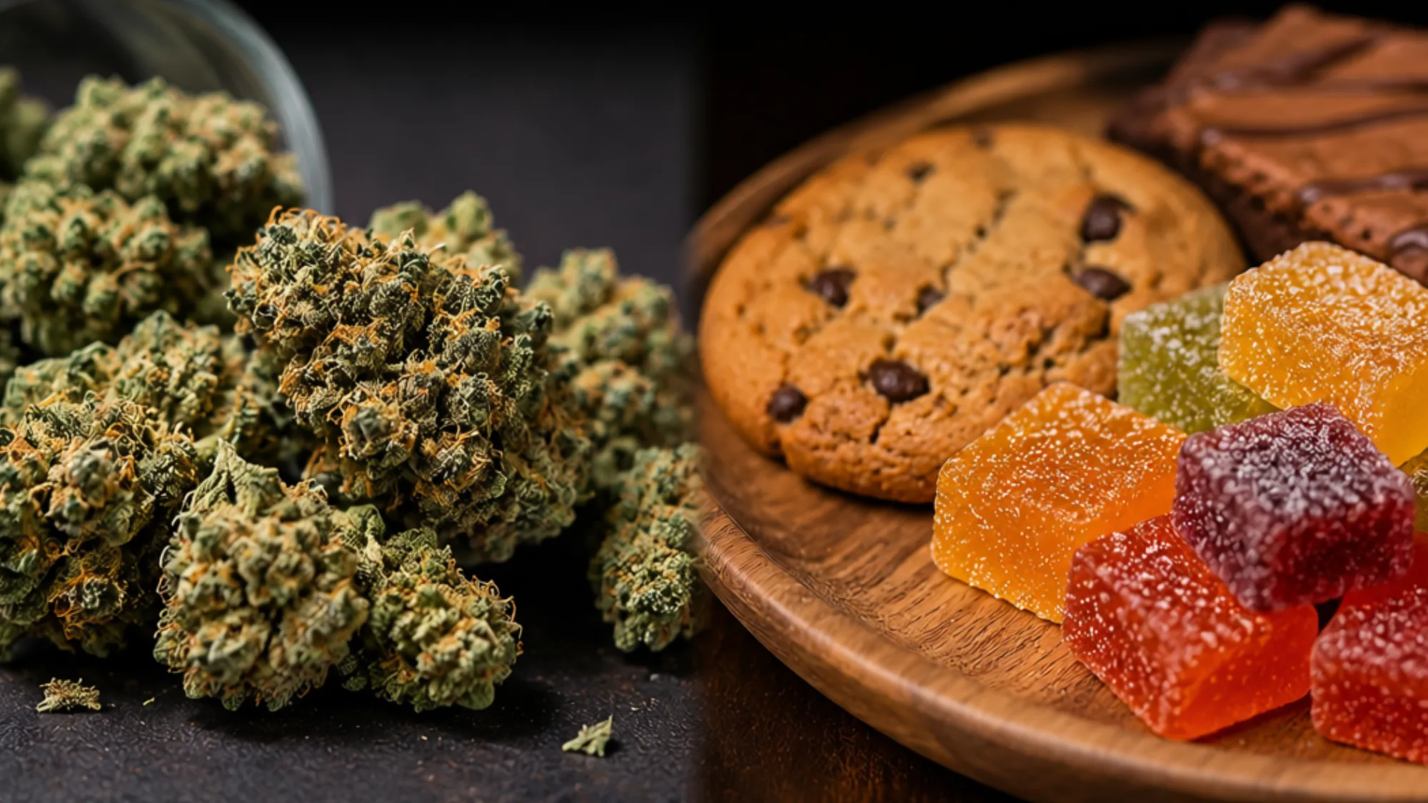 Close-up of cannabis flowers and a selection of edibles, showcasing key differences for Antioch CA consumers