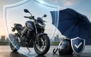 Motorcycle protected by shield and umbrella symbols, illustrating comprehensive motorcycle insurance coverage for unexpected non-collision losses.