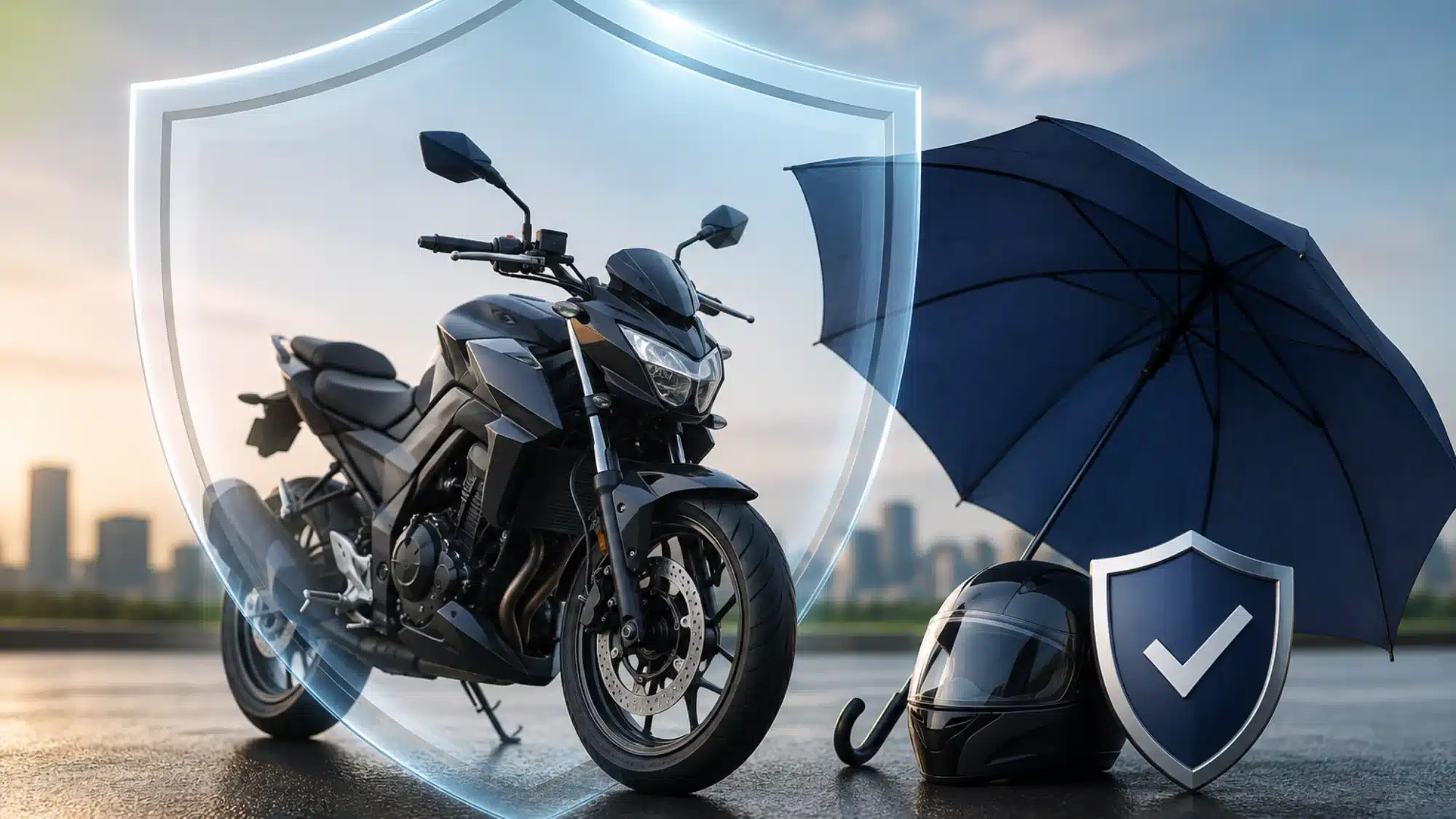 Motorcycle protected by shield and umbrella symbols, illustrating comprehensive motorcycle insurance coverage for unexpected non-collision losses.