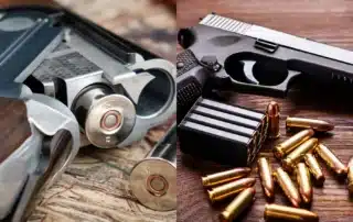 Side-by-side comparison of a shotgun and handgun with ammunition, illustrating considerations when evaluating firearm options for home protection.