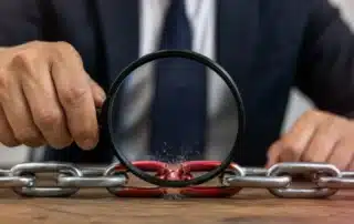 A skilled hand uses tools to repair a weak, broken link in a complex business chain.