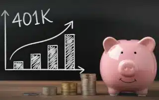 401(k) retirement savings growth illustrated with coins, a piggy bank, and rising chart