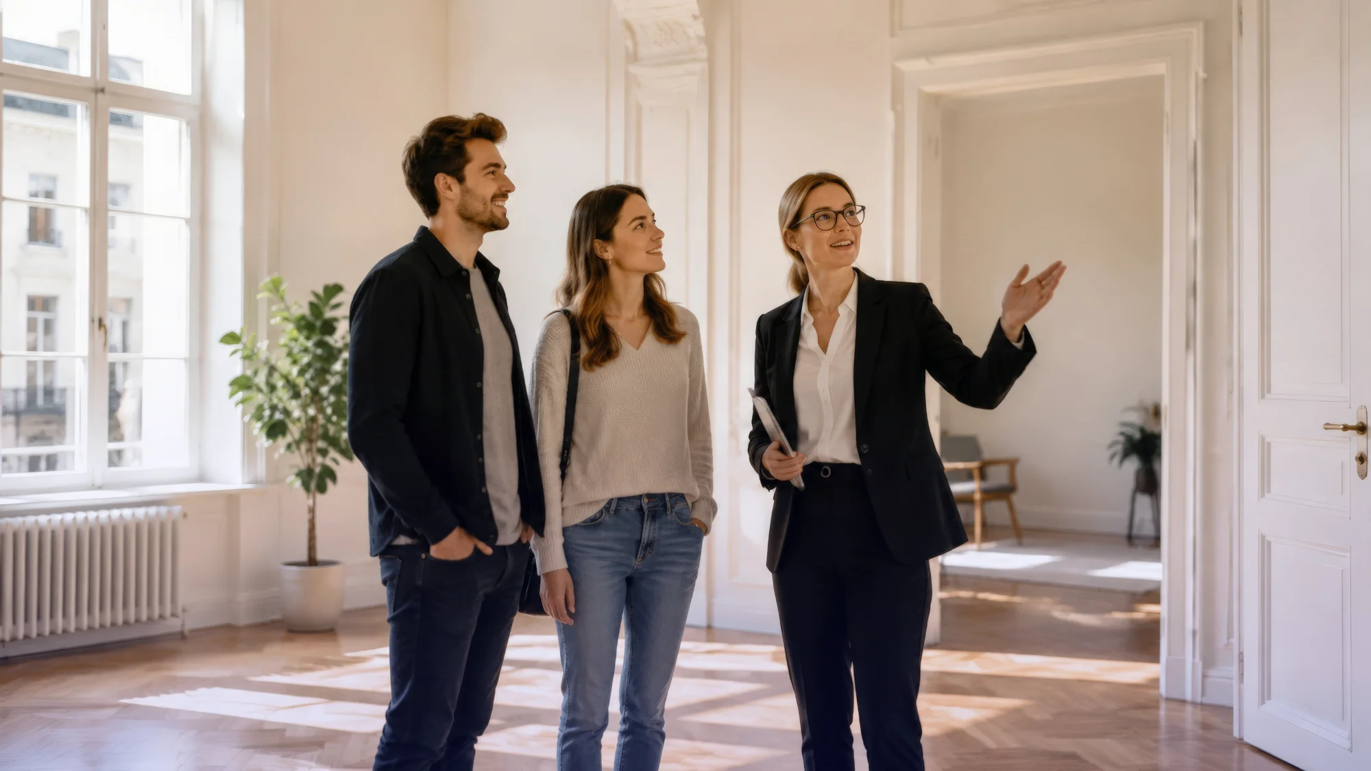 Rental management professional showing a property to prospective tenants comparing rental management companies near me.