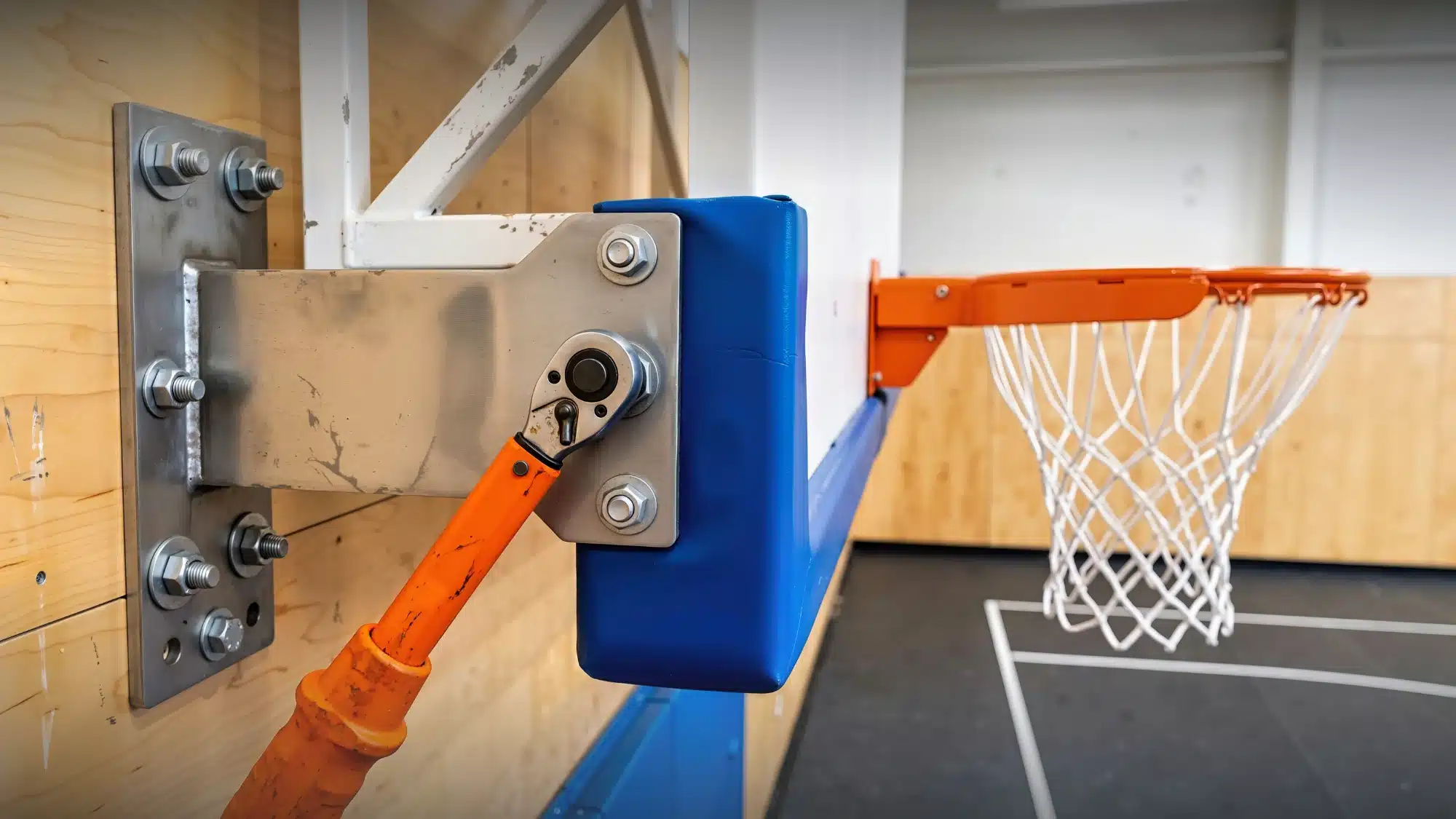 Basketball hoop backboard replacement process showcasing new backboard installation