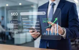 SEO analytics dashboard showing keyword rankings and positive organic growth
