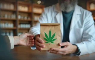 Pharmacist in a white coat handing a cannabis bag to a customer in a Mystic CT dispensary