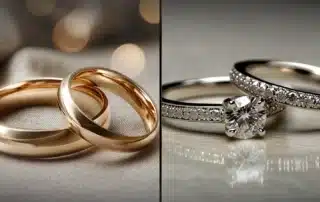Close-up of women's wedding rings and bands in Mystic CT jeweler's showcase