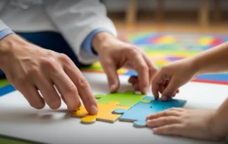 Pediatric therapist and child playing with puzzle pieces during therapy in Mystic CT