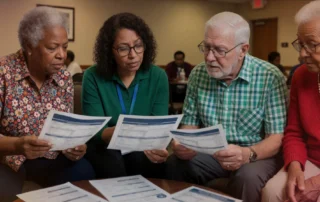 Local medicare insurance agents assisting clients with plan comparisons