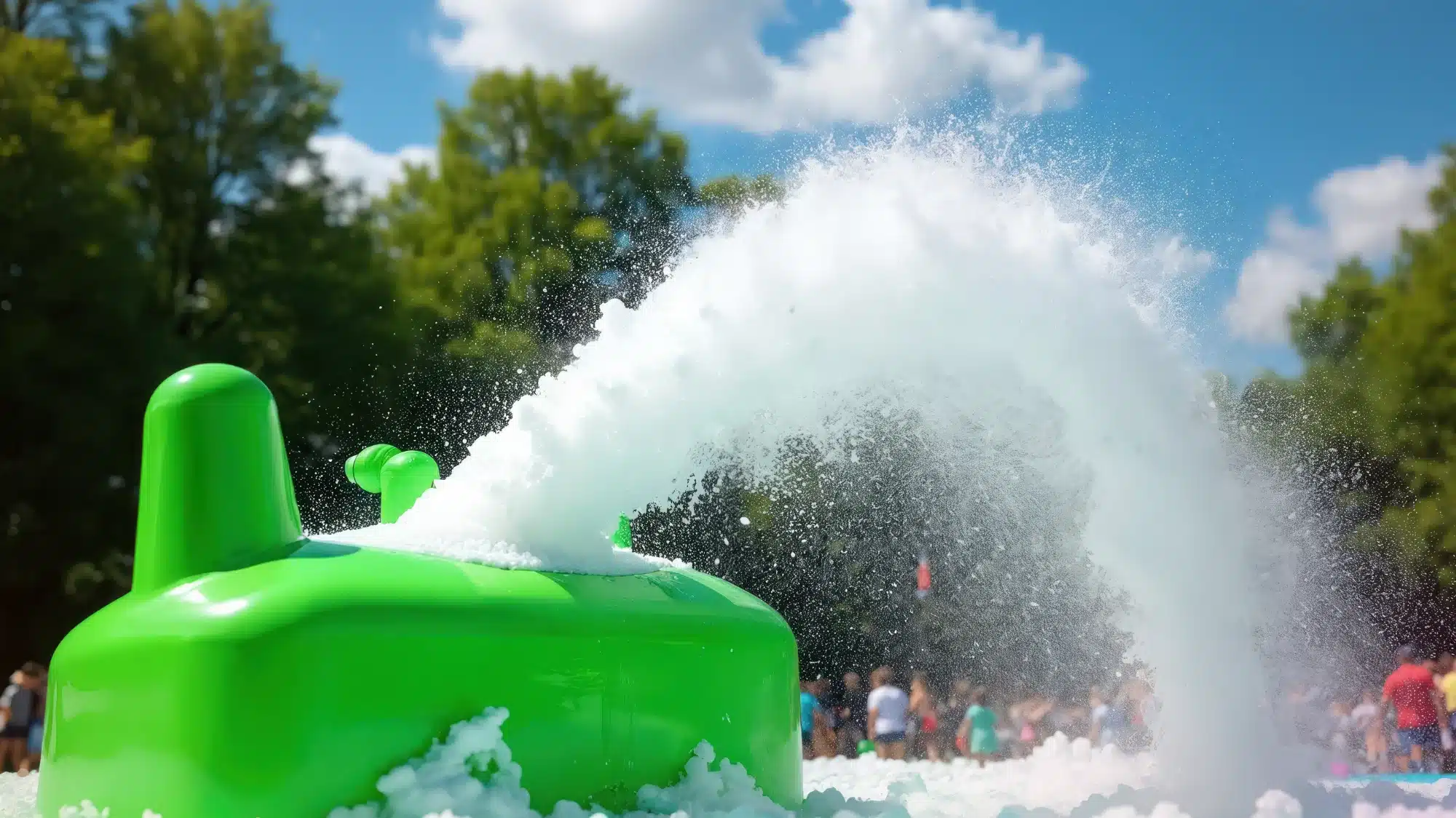 Colorful foam party setup with bubbles and participants enjoying