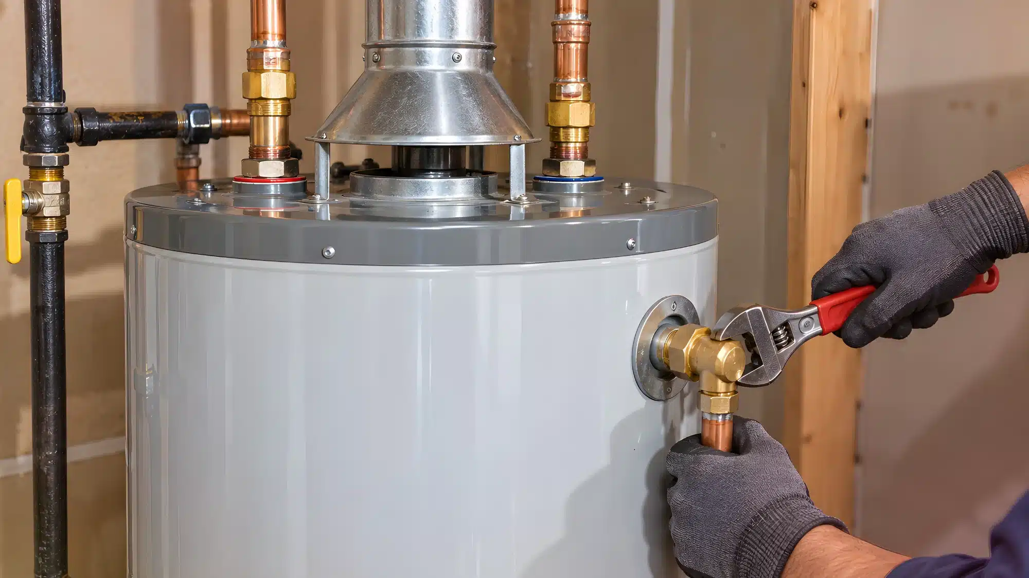 Certified technician performing water heater repair in CT home